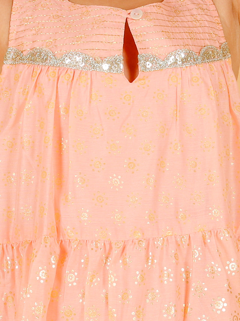 Girl's Stylish Foil Print Tiered Dress With Couching & Lace-Peach