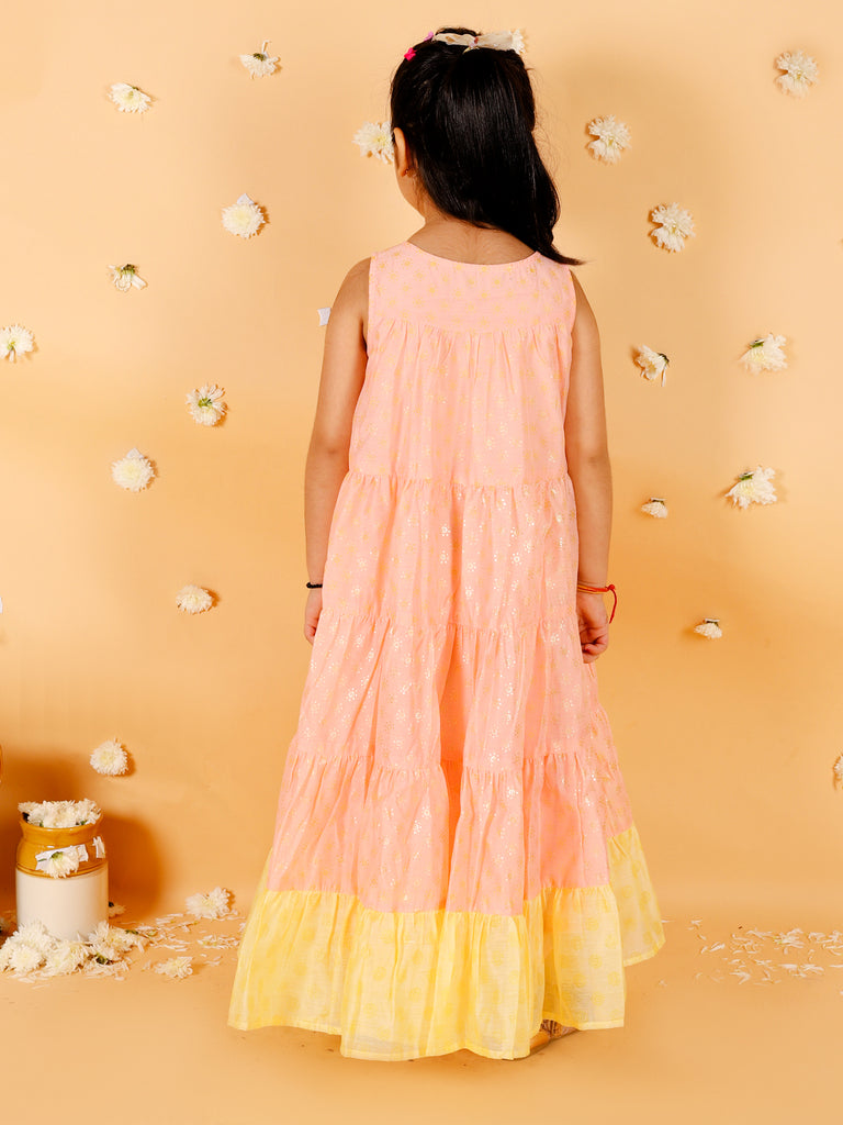 Girl's Stylish Foil Print Tiered Dress With Couching & Lace-Peach