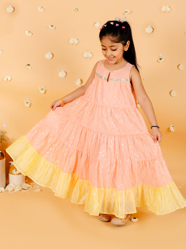 Girl's Stylish Foil Print Tiered Dress With Couching & Lace-Peach