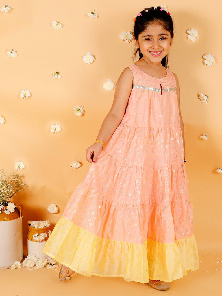 Girl's Stylish Foil Print Tiered Dress With Couching & Lace-Peach