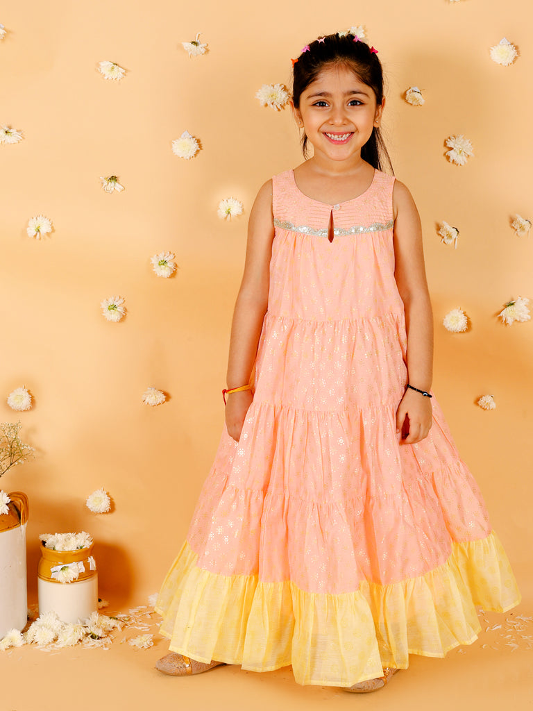 Girl's Stylish Foil Print Tiered Dress With Couching & Lace-Peach