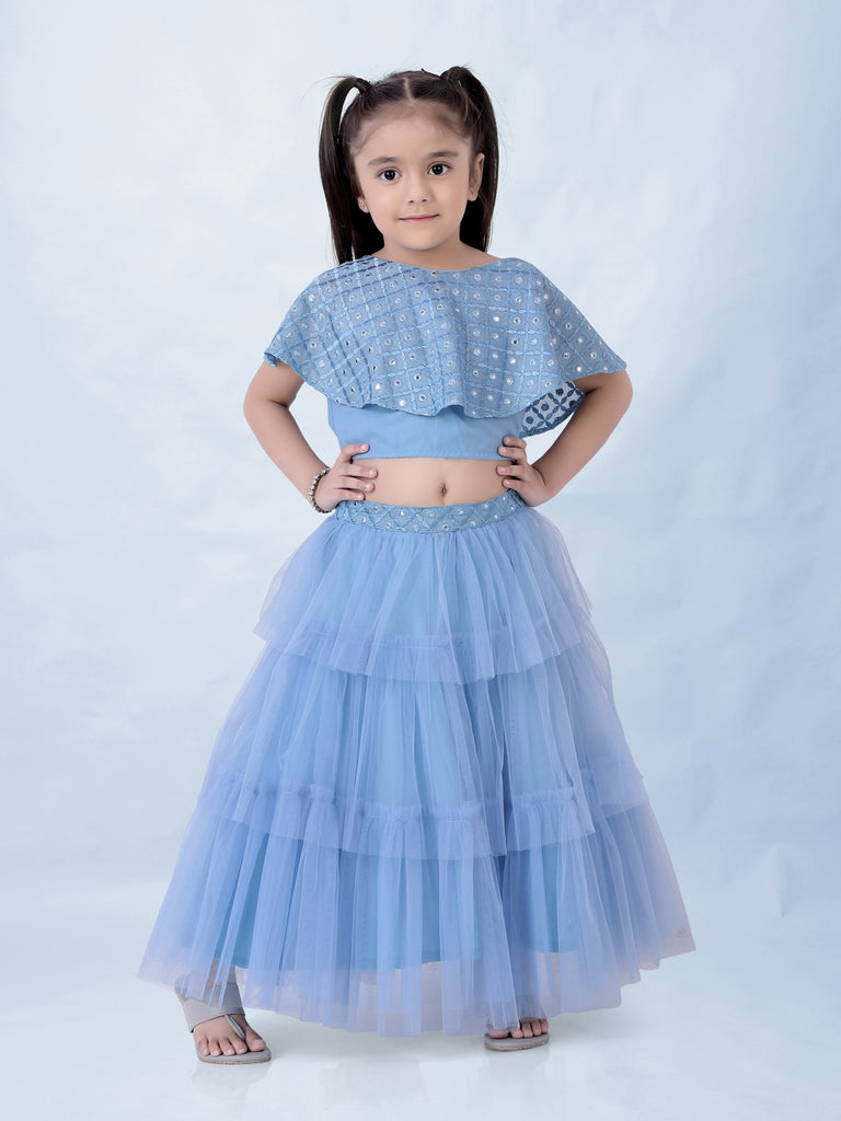 Girl's Faux Miror Flap Choli With Mesh Flared Ghaghra With Mirror Belt-Powder Blue