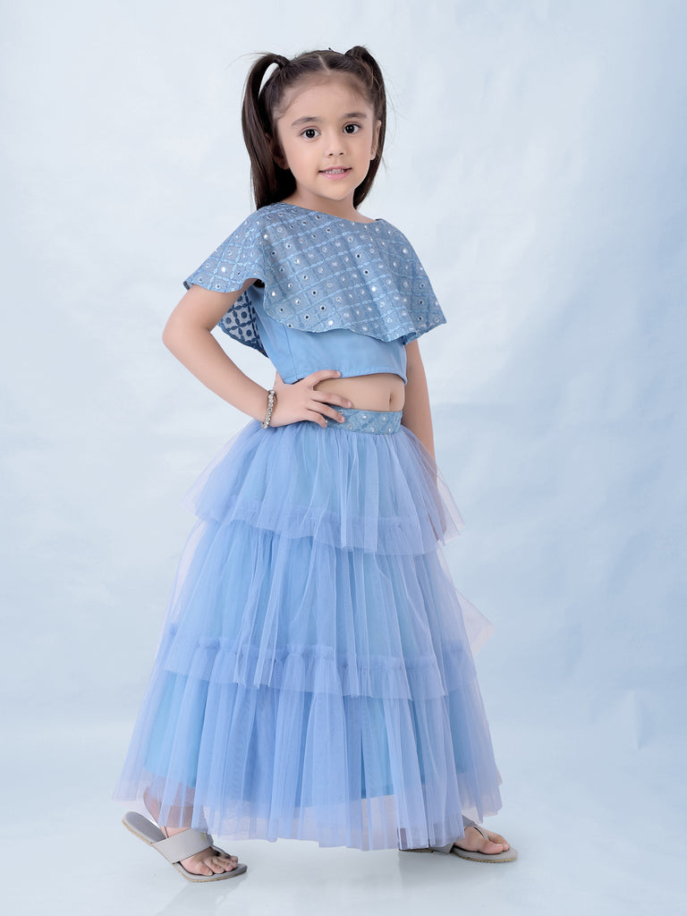 Girl's Faux Miror Flap Choli With Mesh Flared Ghaghra With Mirror Belt-Powder Blue