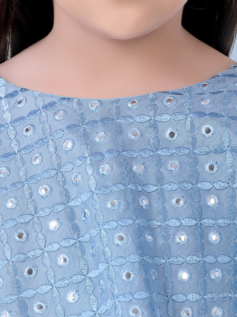 Girl's Faux Miror Flap Choli With Mesh Flared Ghaghra With Mirror Belt-Powder Blue