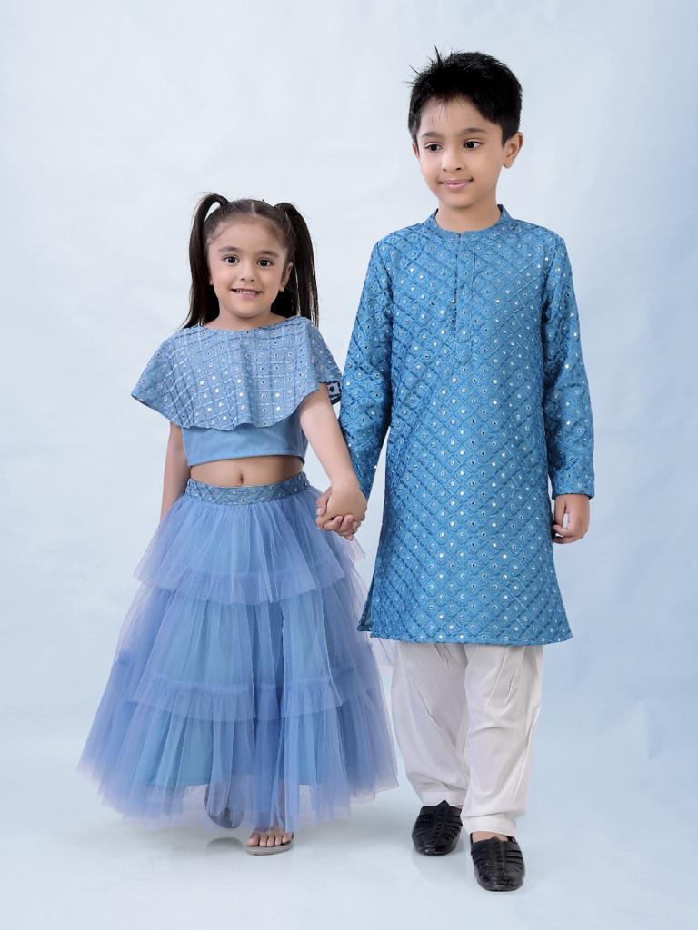 Girl's Faux Miror Flap Choli With Mesh Flared Ghaghra With Mirror Belt-Powder Blue