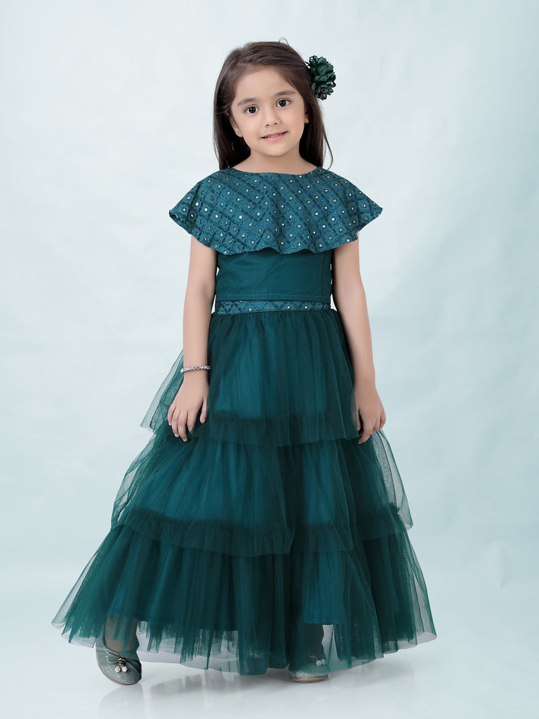 Girl's Faux Miror Flap Choli With Mesh Flared Ghaghra With Mirror Belt-Peacock Green