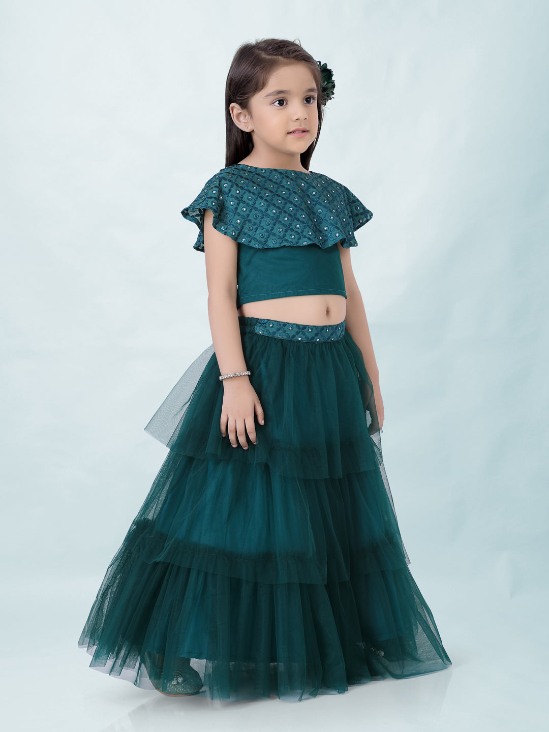Girl's Faux Miror Flap Choli With Mesh Flared Ghaghra With Mirror Belt-Peacock Green - Lil Peacock