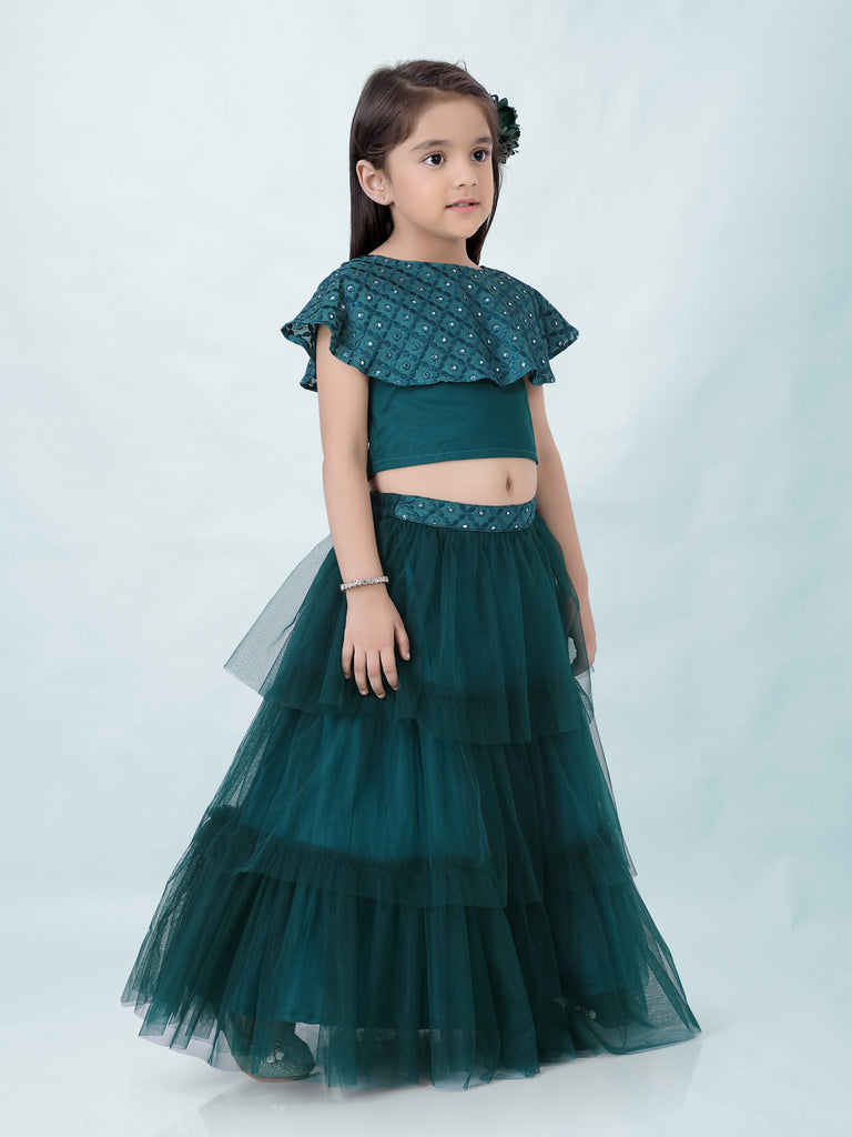 Girl's Faux Miror Flap Choli With Mesh Flared Ghaghra With Mirror Belt-Peacock Green