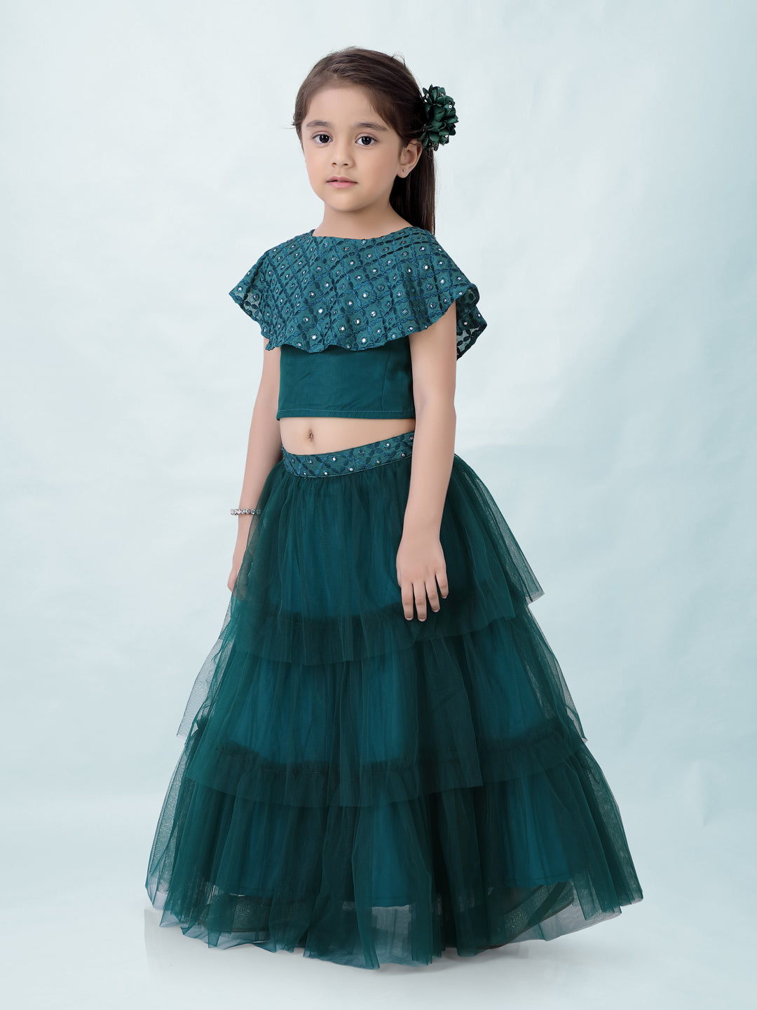 Girl's Faux Miror Flap Choli With Mesh Flared Ghaghra With Mirror Belt-Peacock Green - Lil Peacock