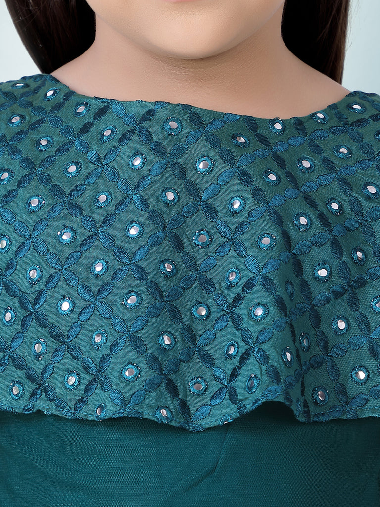 Girl's Faux Miror Flap Choli With Mesh Flared Ghaghra With Mirror Belt-Peacock Green