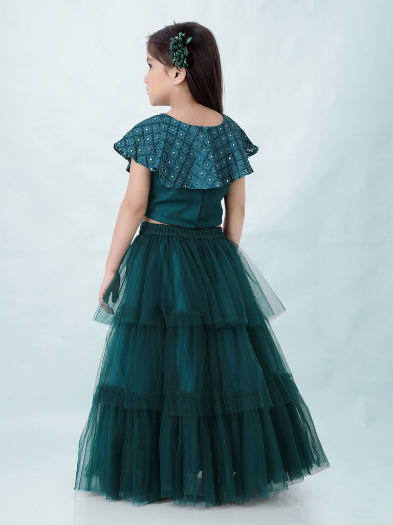 Girl's Faux Miror Flap Choli With Mesh Flared Ghaghra With Mirror Belt-Peacock Green
