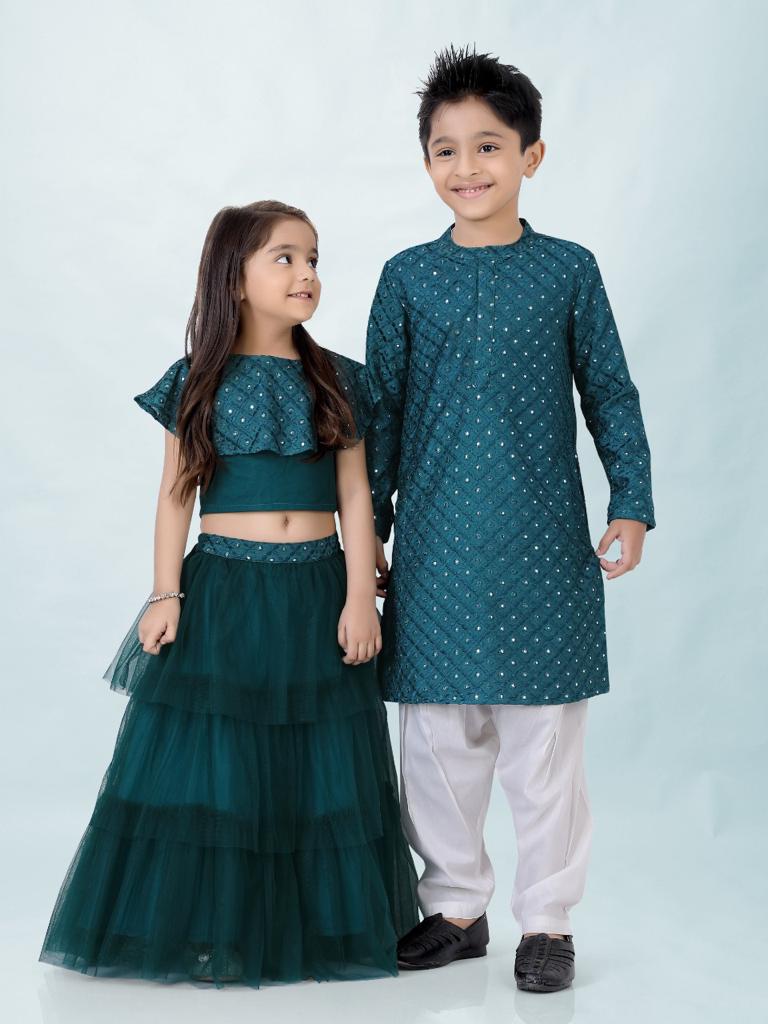 Girl's Faux Miror Flap Choli With Mesh Flared Ghaghra With Mirror Belt-Peacock Green