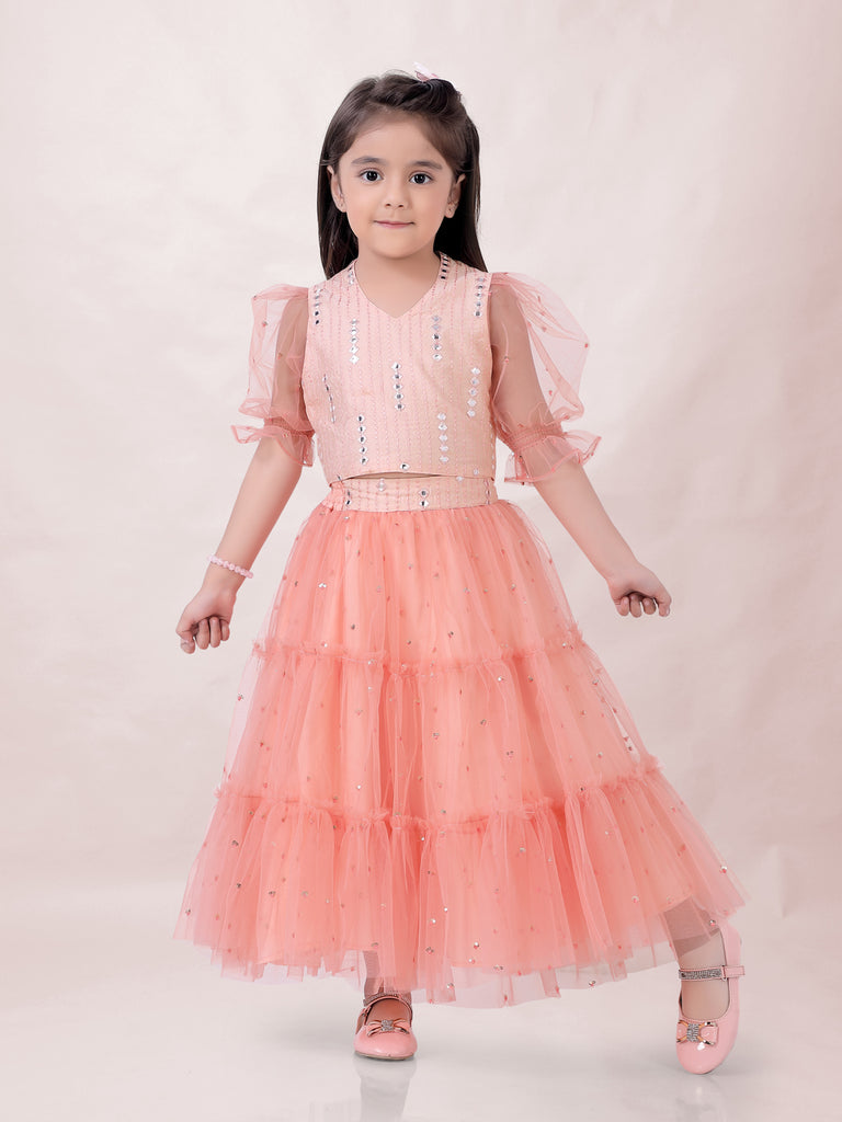 Girl's Faux Mirror Choli With Mesh Sequins Puff Sleeves , Tiered Sequins Ghaghra-Peach