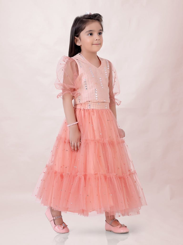 Girl's Faux Mirror Choli With Mesh Sequins Puff Sleeves , Tiered Sequins Ghaghra-Peach