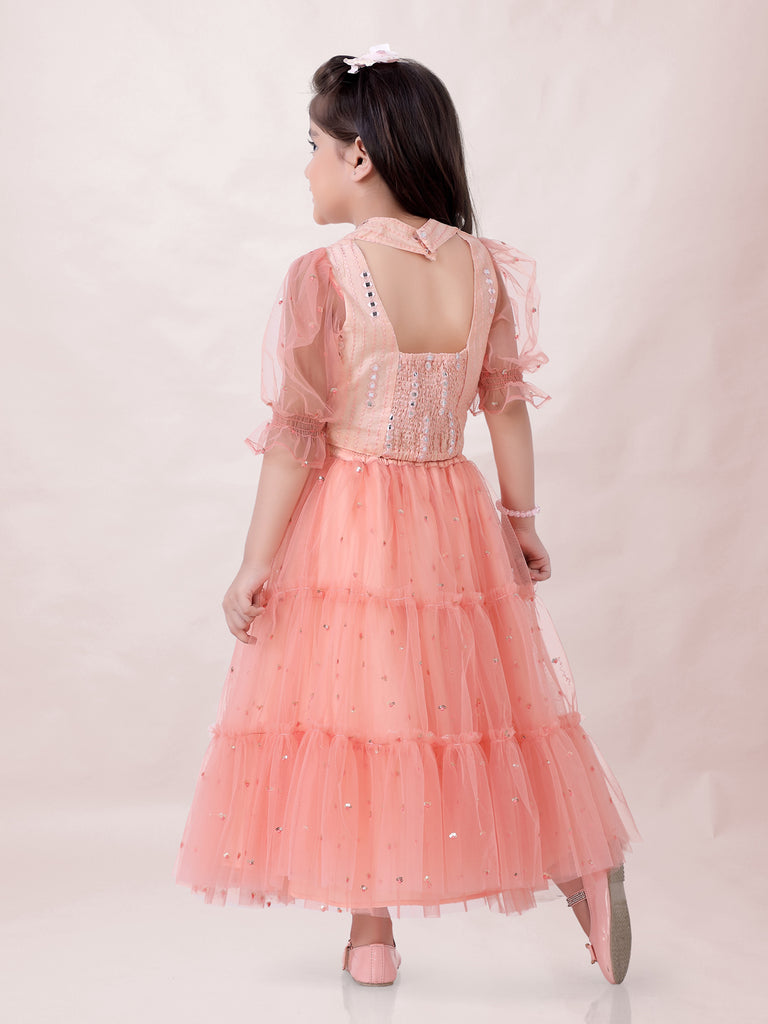 Girl's Faux Mirror Choli With Mesh Sequins Puff Sleeves , Tiered Sequins Ghaghra-Peach