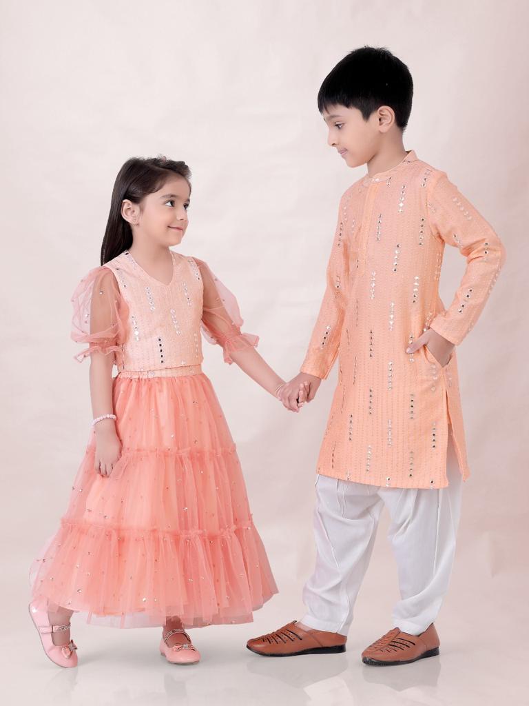 Girl's Faux Mirror Choli With Mesh Sequins Puff Sleeves , Tiered Sequins Ghaghra-Peach