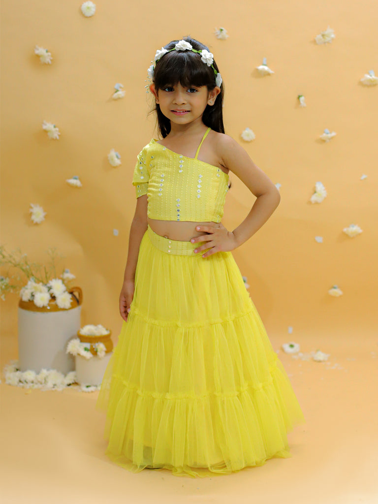 Girl's Off Shoulder Faux Mirror Choli With Tie Ups & Smocking At Back, Mesh Layered Flared Ghaghra With Faux Mirror Belt-Yellow