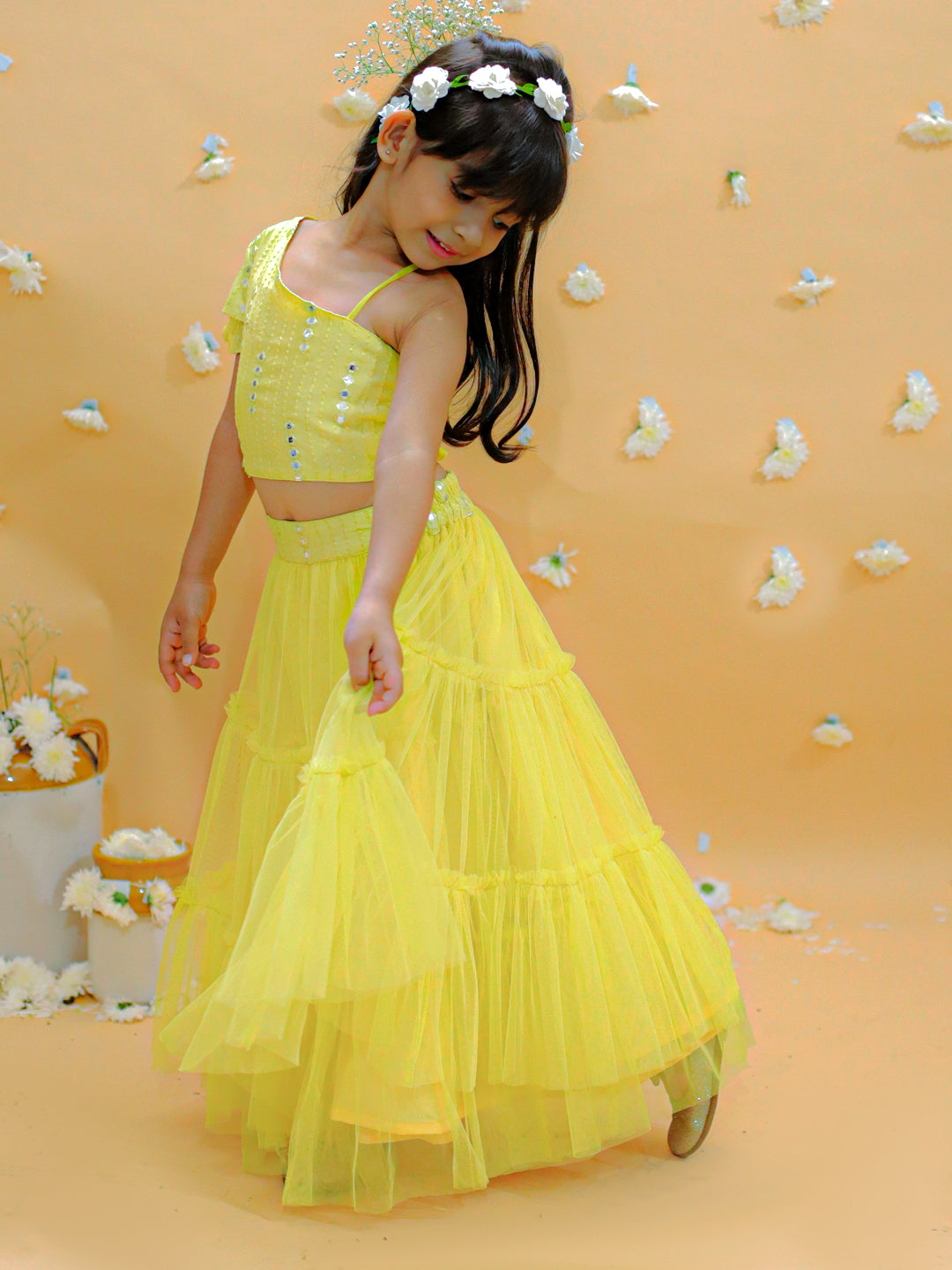 Girl's Off Shoulder Faux Mirror Choli With Tie Ups & Smocking At Back, Mesh Layered Flared Ghaghra With Faux Mirror Belt-Yellow - Lil Peacock