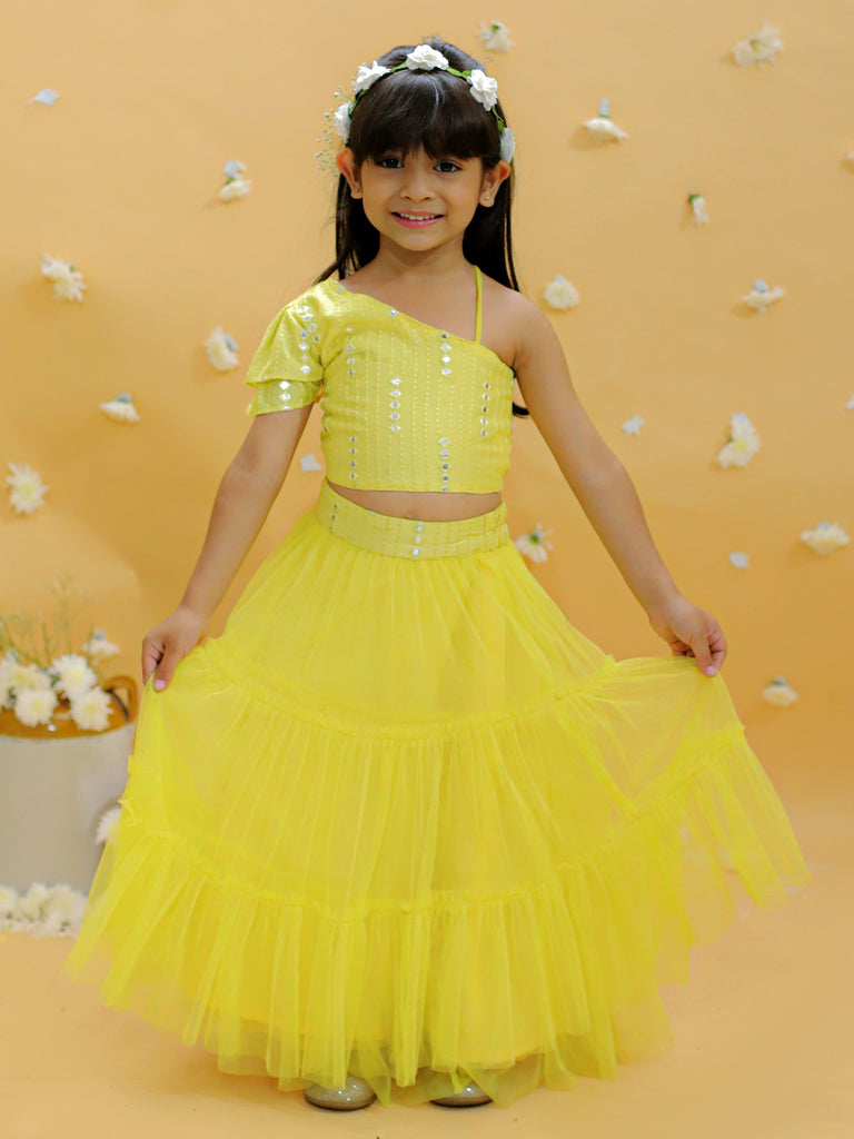 Girl's Off Shoulder Faux Mirror Choli With Tie Ups & Smocking At Back, Mesh Layered Flared Ghaghra With Faux Mirror Belt-Yellow