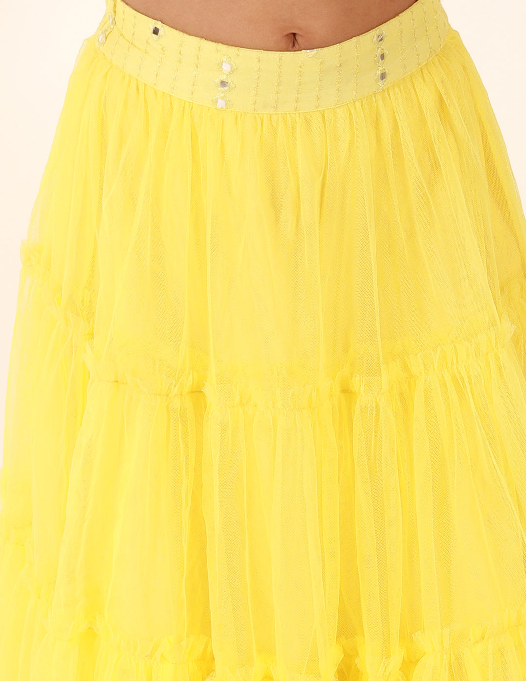 Girl's Off Shoulder Faux Mirror Choli With Tie Ups & Smocking At Back, Mesh Layered Flared Ghaghra With Faux Mirror Belt-Yellow - Lil Peacock