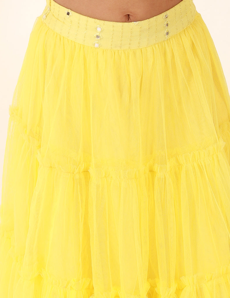 Girl's Off Shoulder Faux Mirror Choli With Tie Ups & Smocking At Back, Mesh Layered Flared Ghaghra With Faux Mirror Belt-Yellow