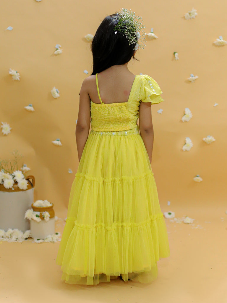 Girl's Off Shoulder Faux Mirror Choli With Tie Ups & Smocking At Back, Mesh Layered Flared Ghaghra With Faux Mirror Belt-Yellow
