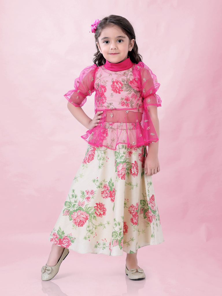 Girl's Floral Print Ghaghra Choli Set With Peplum Sequins Top-Pink