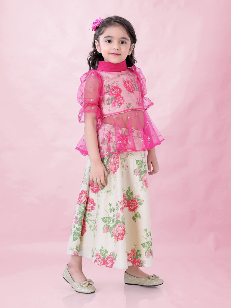 Girl's Floral Print Ghaghra Choli Set With Peplum Sequins Top-Pink