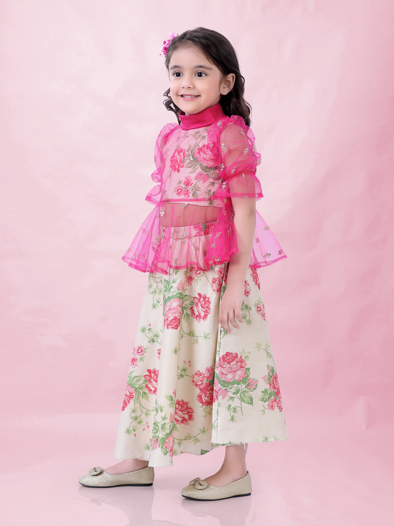 Girl's Floral Print Ghaghra Choli Set With Peplum Sequins Top-Pink