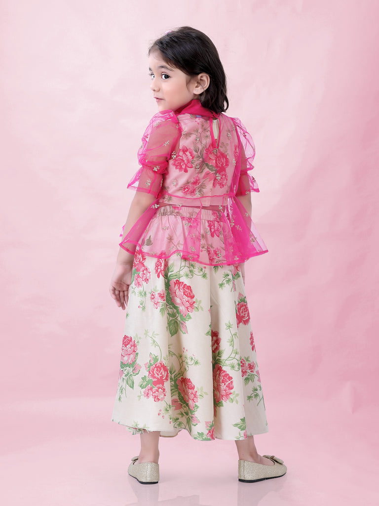Girl's Floral Print Ghaghra Choli Set With Peplum Sequins Top-Pink