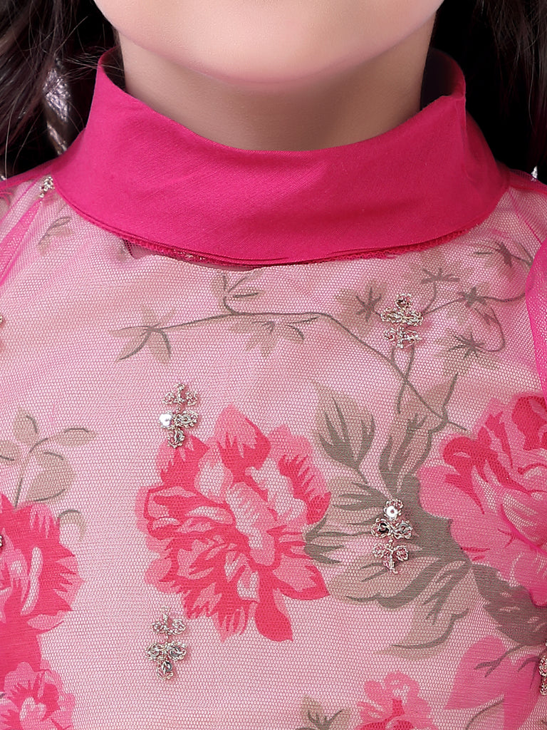 Girl's Floral Print Ghaghra Choli Set With Peplum Sequins Top-Pink