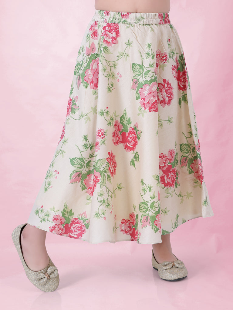 Girl's Floral Print Ghaghra Choli Set With Peplum Sequins Top-Pink