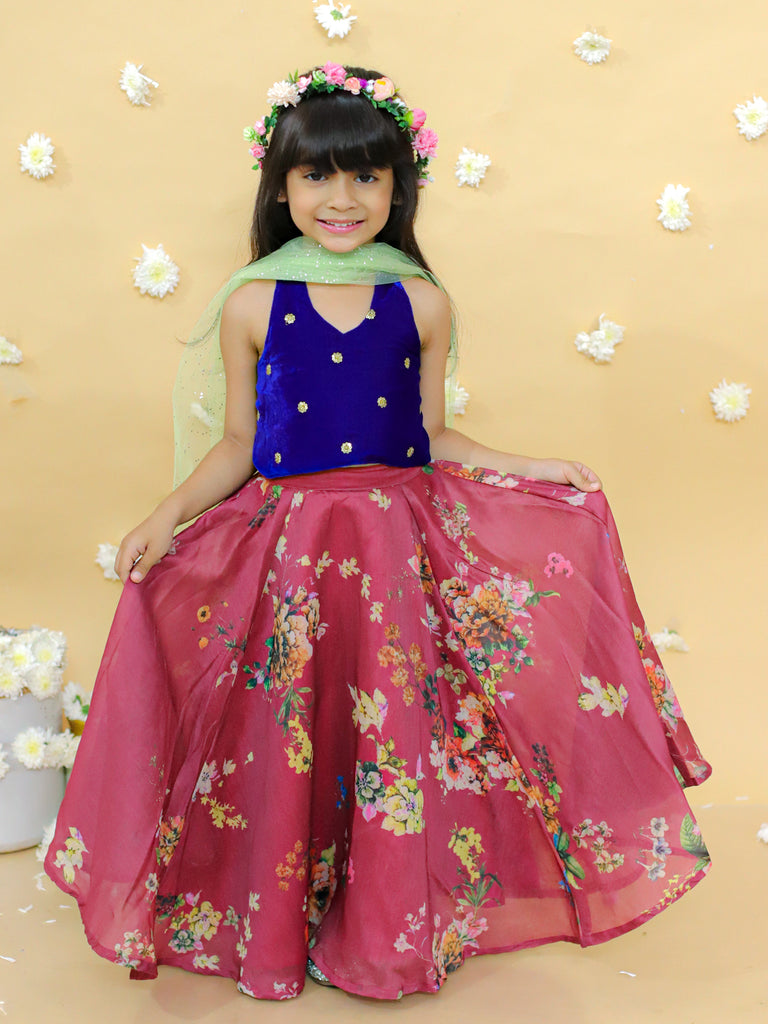 Girl's stylish printed ghaghra choli with dupatta set-  Maroon