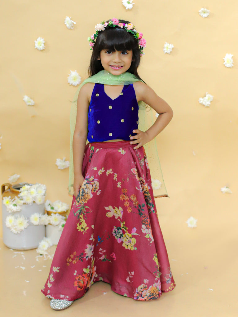 Girl's stylish printed ghaghra choli with dupatta set-  Maroon