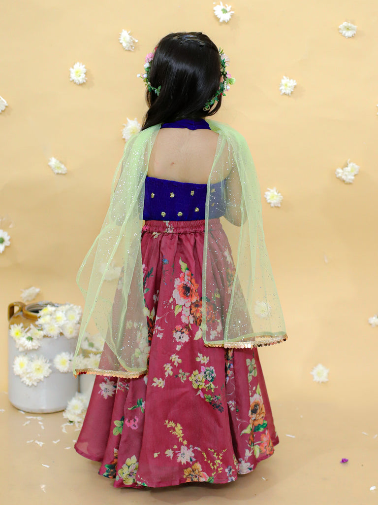 Girl's stylish printed ghaghra choli with dupatta set-  Maroon