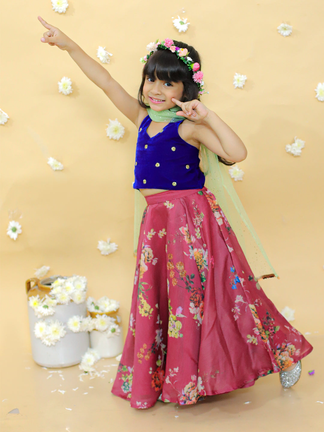 Girl's stylish printed ghaghra choli with dupatta set-  Maroon - Lil Peacock