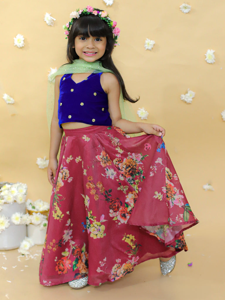 Girl's stylish printed ghaghra choli with dupatta set-  Maroon