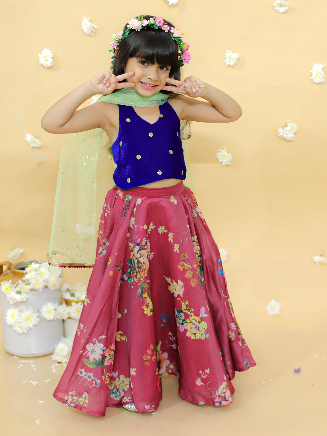 Girl's stylish printed ghaghra choli with dupatta set-  Maroon - Lil Peacock