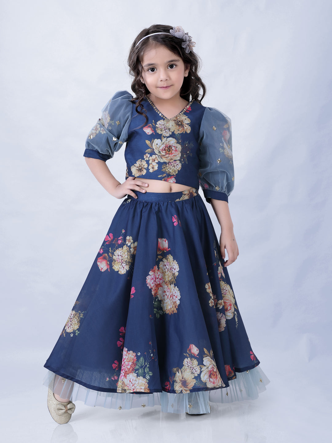 Girl's Floral Print Umbrella Ghaghra With Mesh Detailing With Hand Embroidered Puff Sleeves Choli-Navy Blue - Lil Peacock