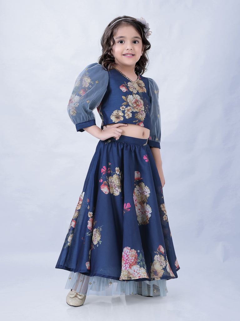 Girl's Floral Print Umbrella Ghaghra With Mesh Detailing With Hand Embroidered Puff Sleeves Choli-Navy Blue