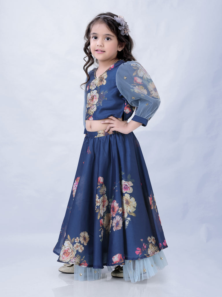 Girl's Floral Print Umbrella Ghaghra With Mesh Detailing With Hand Embroidered Puff Sleeves Choli-Navy Blue