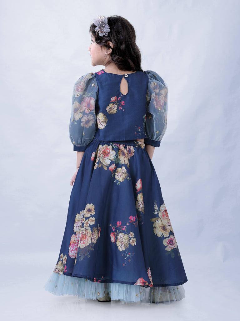 Girl's Floral Print Umbrella Ghaghra With Mesh Detailing With Hand Embroidered Puff Sleeves Choli-Navy Blue