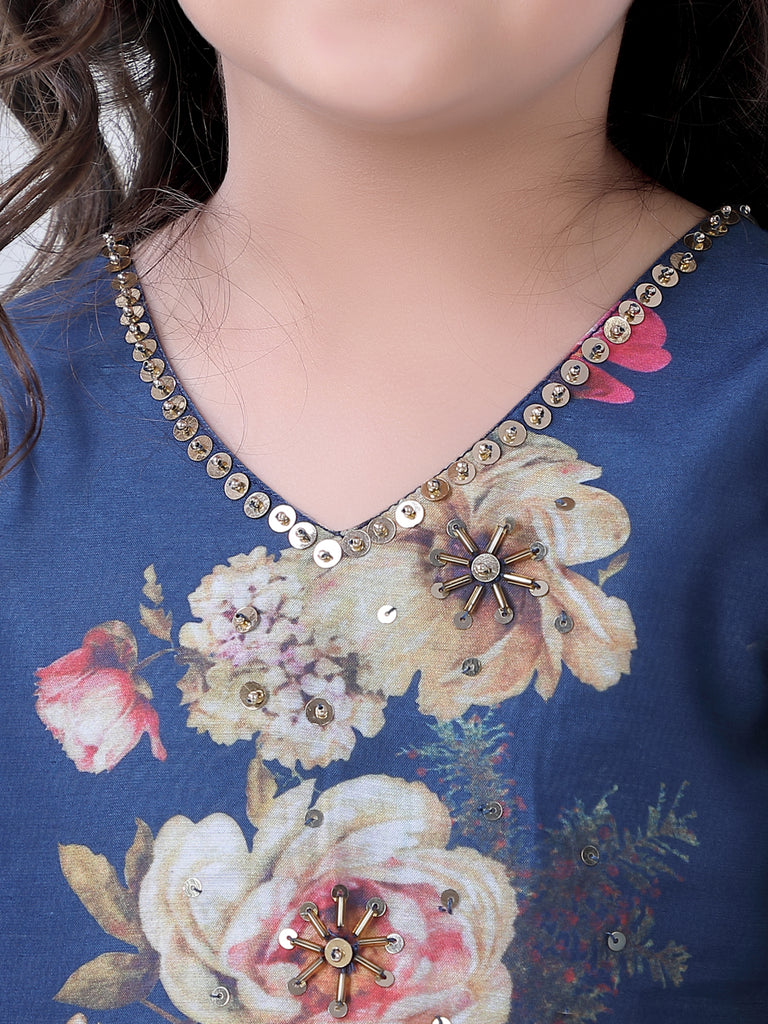 Girl's Floral Print Umbrella Ghaghra With Mesh Detailing With Hand Embroidered Puff Sleeves Choli-Navy Blue