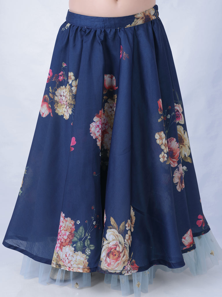 Girl's Floral Print Umbrella Ghaghra With Mesh Detailing With Hand Embroidered Puff Sleeves Choli-Navy Blue