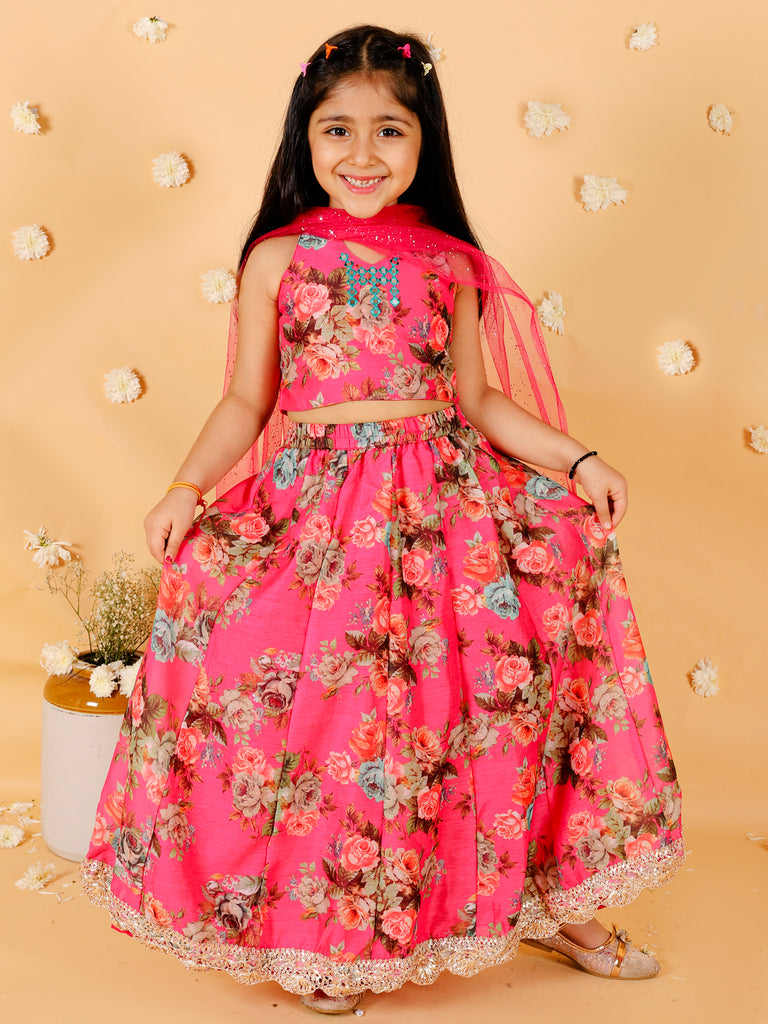 Girl's Floral Print Choli With Back Open & Umbrella Ghaghra With Chiffon Drape Dupatta & Latkan-Fuschia
