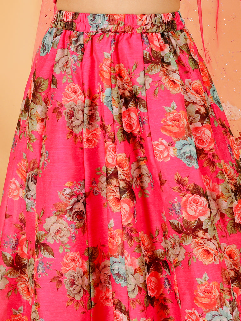 Girl's Floral Print Choli With Back Open & Umbrella Ghaghra With Chiffon Drape Dupatta & Latkan-Fuschia