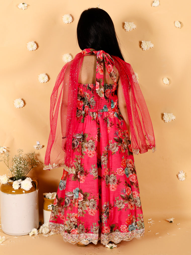 Girl's Floral Print Choli With Back Open & Umbrella Ghaghra With Chiffon Drape Dupatta & Latkan-Fuschia