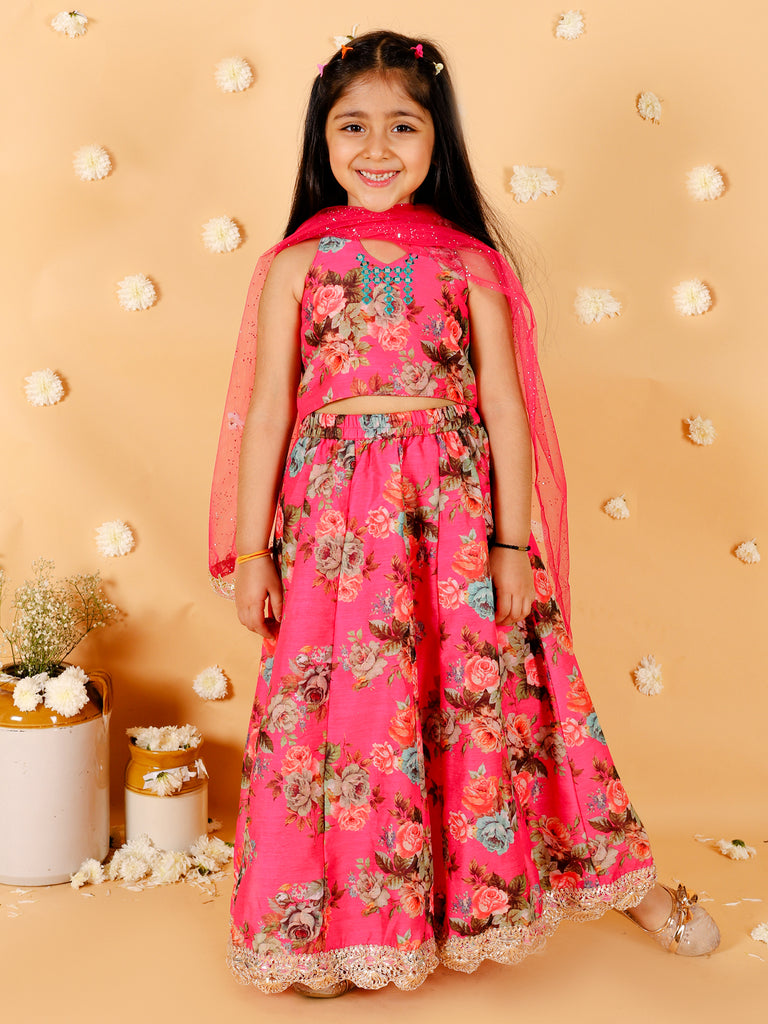 Girl's Floral Print Choli With Back Open & Umbrella Ghaghra With Chiffon Drape Dupatta & Latkan-Fuschia