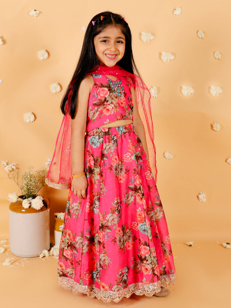 Girl's Floral Print Choli With Back Open & Umbrella Ghaghra With Chiffon Drape Dupatta & Latkan-Fuschia