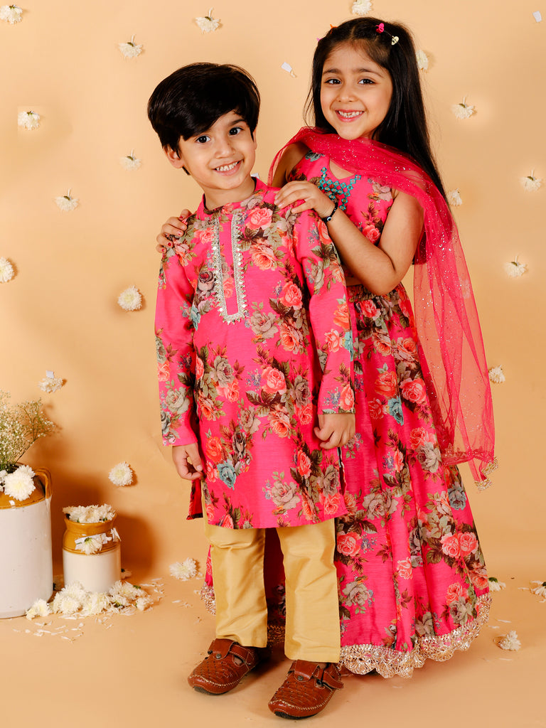Girl's Floral Print Choli With Back Open & Umbrella Ghaghra With Chiffon Drape Dupatta & Latkan-Fuschia